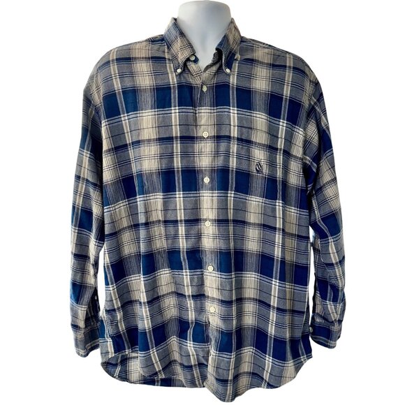 Nautica Blue & White Plaid Long Sleeve Cotton Flannel Shirt Large - Picture 1 of 8